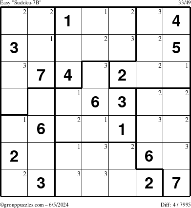 The grouppuzzles.com Easy Sudoku-7B puzzle for Wednesday June 5, 2024 with the first 3 steps marked