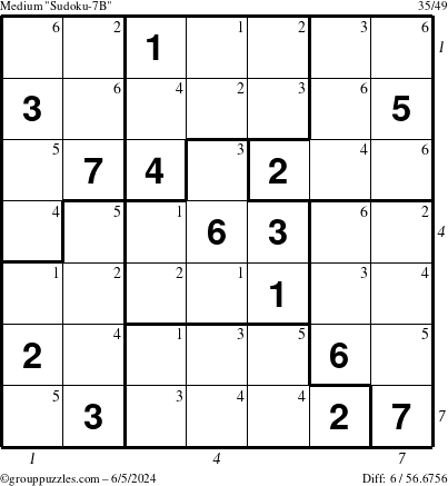 The grouppuzzles.com Medium Sudoku-7B puzzle for Wednesday June 5, 2024, suitable for printing, with all 6 steps marked