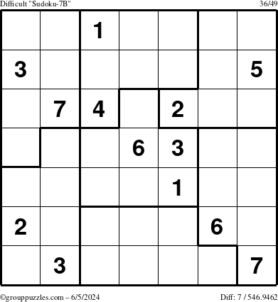 The grouppuzzles.com Difficult Sudoku-7B puzzle for Wednesday June 5, 2024