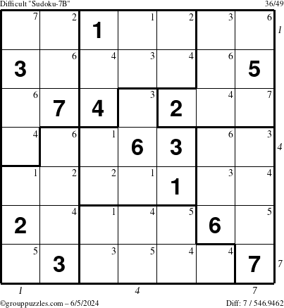 The grouppuzzles.com Difficult Sudoku-7B puzzle for Wednesday June 5, 2024 with all 7 steps marked