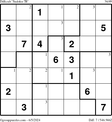 The grouppuzzles.com Difficult Sudoku-7B puzzle for Wednesday June 5, 2024 with the first 3 steps marked