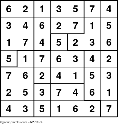 The grouppuzzles.com Answer grid for the Sudoku-7B puzzle for Wednesday June 5, 2024