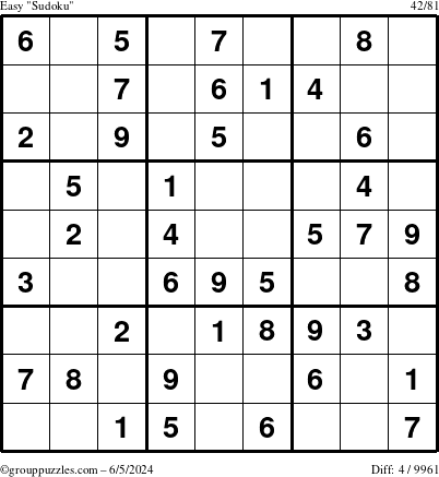 The grouppuzzles.com Easy Sudoku puzzle for Wednesday June 5, 2024