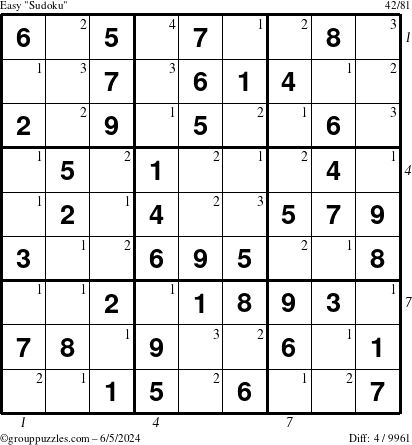 The grouppuzzles.com Easy Sudoku puzzle for Wednesday June 5, 2024 with all 4 steps marked