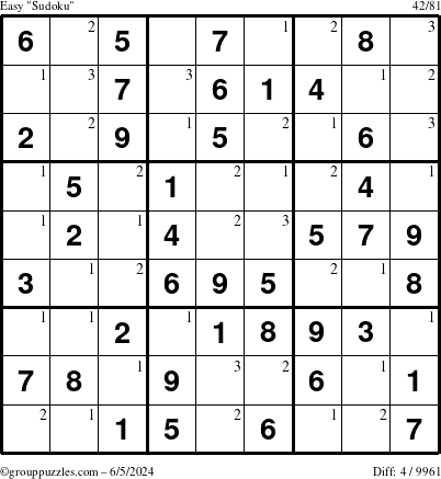 The grouppuzzles.com Easy Sudoku puzzle for Wednesday June 5, 2024 with the first 3 steps marked