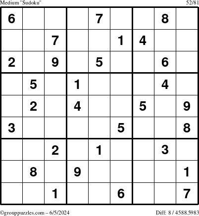 The grouppuzzles.com Medium Sudoku puzzle for Wednesday June 5, 2024