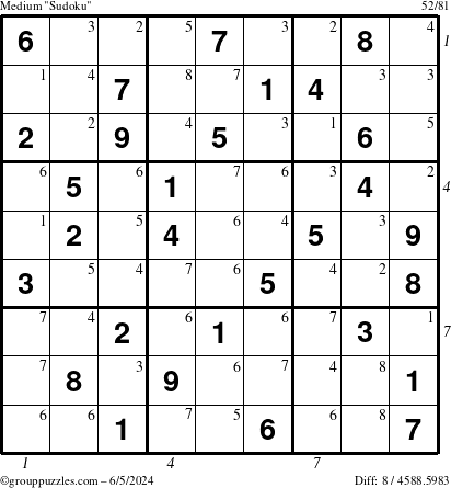 The grouppuzzles.com Medium Sudoku puzzle for Wednesday June 5, 2024 with all 8 steps marked