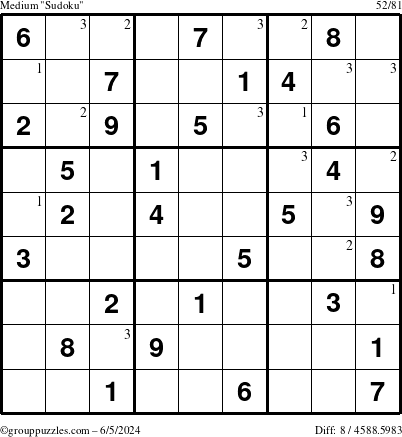 The grouppuzzles.com Medium Sudoku puzzle for Wednesday June 5, 2024 with the first 3 steps marked