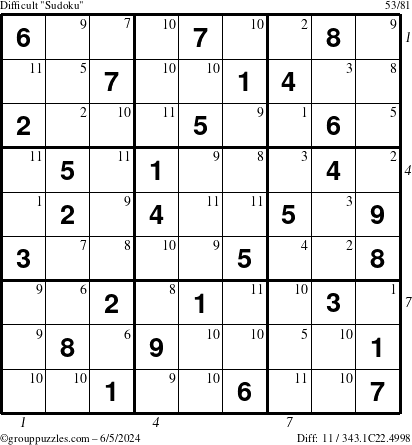 The grouppuzzles.com Difficult Sudoku puzzle for Wednesday June 5, 2024 with all 11 steps marked