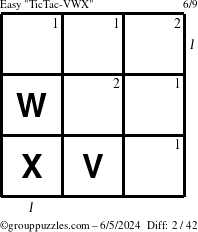 The grouppuzzles.com Easy TicTac-VWX puzzle for Wednesday June 5, 2024 with all 2 steps marked