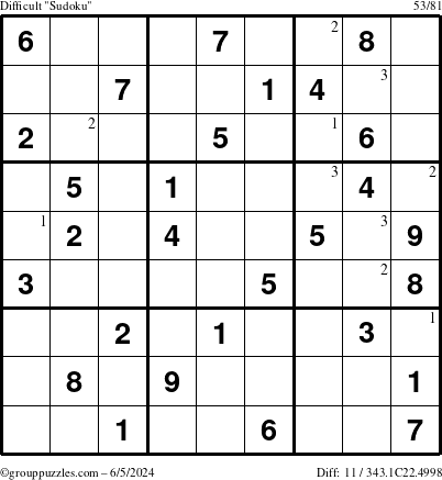 The grouppuzzles.com Difficult Sudoku puzzle for Wednesday June 5, 2024 with the first 3 steps marked