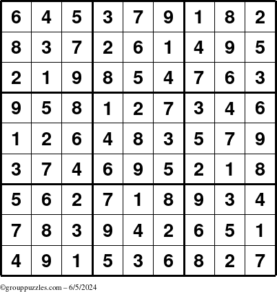 The grouppuzzles.com Answer grid for the Sudoku puzzle for Wednesday June 5, 2024