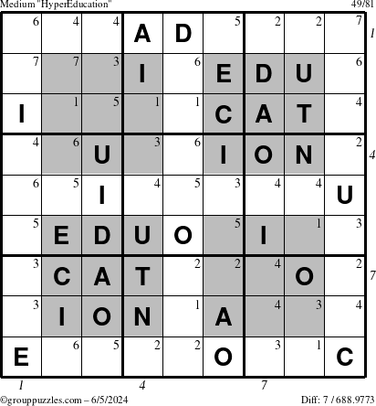 The grouppuzzles.com Medium HyperEducation-i23 puzzle for Wednesday June 5, 2024, suitable for printing, with all 7 steps marked