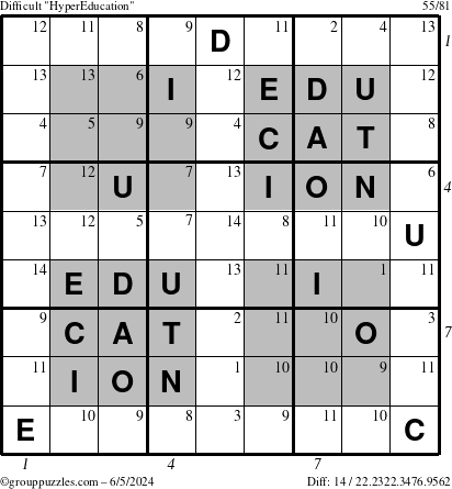 The grouppuzzles.com Difficult HyperEducation-i23 puzzle for Wednesday June 5, 2024 with all 14 steps marked