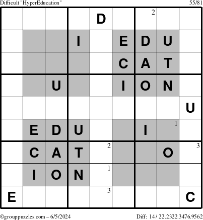 The grouppuzzles.com Difficult HyperEducation-i23 puzzle for Wednesday June 5, 2024 with the first 3 steps marked