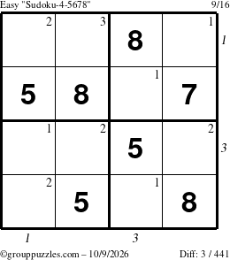 The grouppuzzles.com Easy Sudoku-4-5678 puzzle for Friday October 9, 2026 with all 3 steps marked