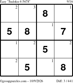 The grouppuzzles.com Easy Sudoku-4-5678 puzzle for Friday October 9, 2026 with the first 3 steps marked