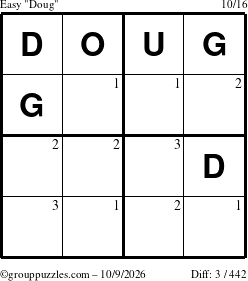 The grouppuzzles.com Easy Doug puzzle for Friday October 9, 2026 with the first 3 steps marked