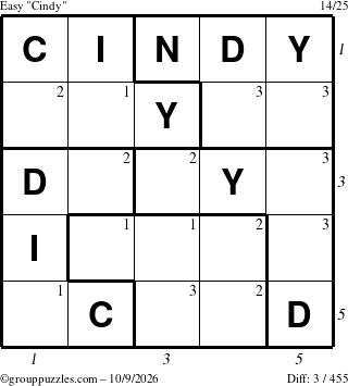 The grouppuzzles.com Easy Cindy puzzle for Friday October 9, 2026 with all 3 steps marked