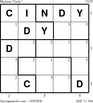 The grouppuzzles.com Medium Cindy puzzle for Friday October 9, 2026, suitable for printing, with all 3 steps marked