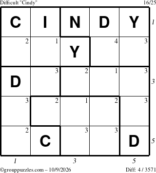 The grouppuzzles.com Difficult Cindy puzzle for Friday October 9, 2026, suitable for printing, with all 4 steps marked