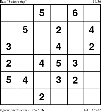 The grouppuzzles.com Easy Sudoku-6up puzzle for Friday October 9, 2026