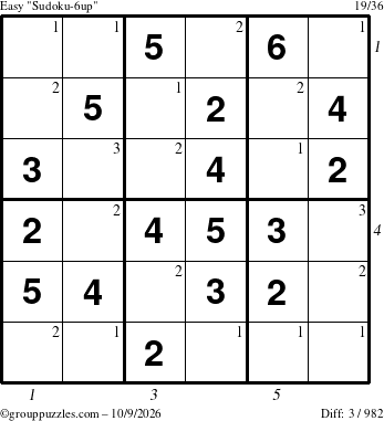The grouppuzzles.com Easy Sudoku-6up puzzle for Friday October 9, 2026, suitable for printing, with all 3 steps marked