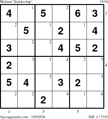 The grouppuzzles.com Medium Sudoku-6up puzzle for Friday October 9, 2026 with all 4 steps marked