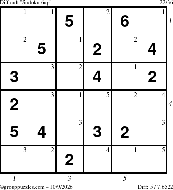 The grouppuzzles.com Difficult Sudoku-6up puzzle for Friday October 9, 2026, suitable for printing, with all 5 steps marked