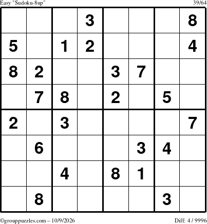The grouppuzzles.com Easy Sudoku-8up puzzle for Friday October 9, 2026