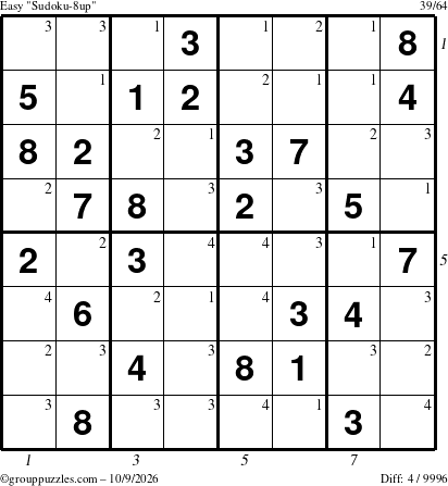 The grouppuzzles.com Easy Sudoku-8up puzzle for Friday October 9, 2026 with all 4 steps marked