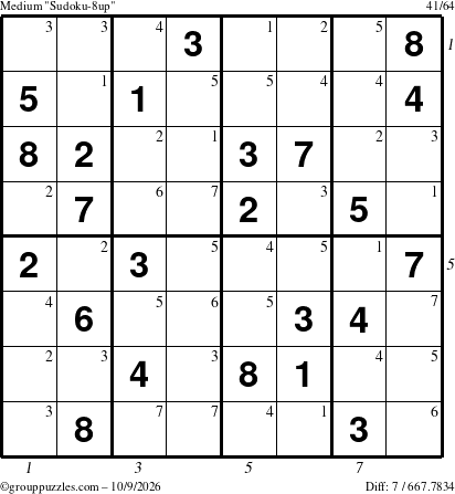 The grouppuzzles.com Medium Sudoku-8up puzzle for Friday October 9, 2026, suitable for printing, with all 7 steps marked