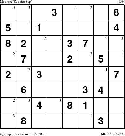 The grouppuzzles.com Medium Sudoku-8up puzzle for Friday October 9, 2026 with the first 3 steps marked