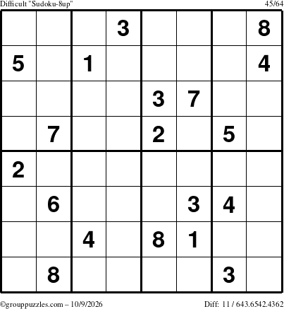 The grouppuzzles.com Difficult Sudoku-8up puzzle for Friday October 9, 2026