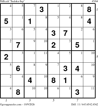 The grouppuzzles.com Difficult Sudoku-8up puzzle for Friday October 9, 2026, suitable for printing, with all 11 steps marked