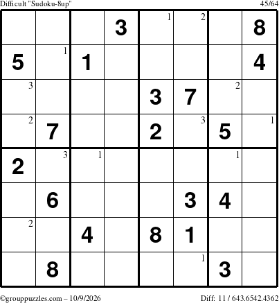 The grouppuzzles.com Difficult Sudoku-8up puzzle for Friday October 9, 2026 with the first 3 steps marked