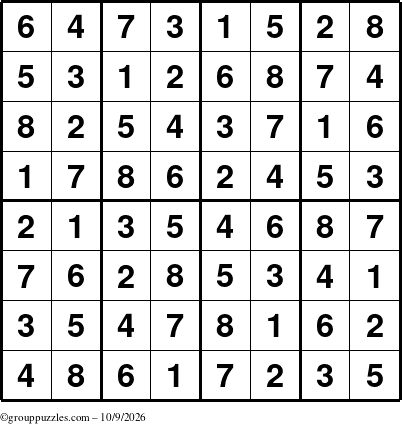 The grouppuzzles.com Answer grid for the Sudoku-8up puzzle for Friday October 9, 2026