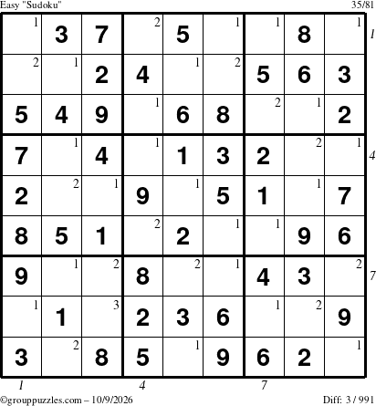 The grouppuzzles.com Easy Sudoku puzzle for Friday October 9, 2026, suitable for printing, with all 3 steps marked