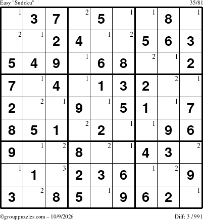 The grouppuzzles.com Easy Sudoku puzzle for Friday October 9, 2026 with the first 3 steps marked