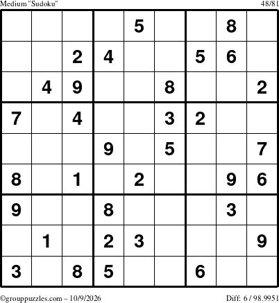 The grouppuzzles.com Medium Sudoku puzzle for Friday October 9, 2026