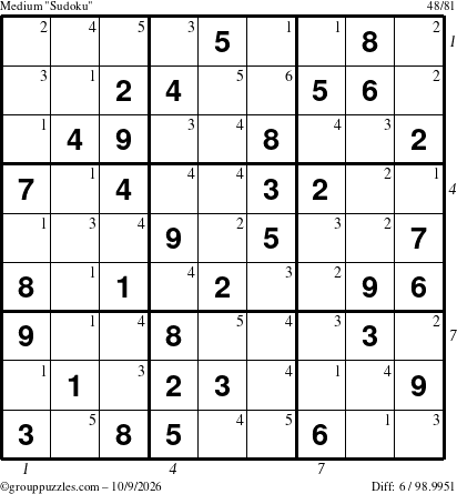 The grouppuzzles.com Medium Sudoku puzzle for Friday October 9, 2026, suitable for printing, with all 6 steps marked