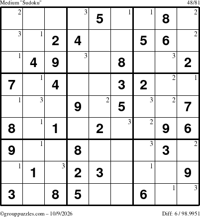 The grouppuzzles.com Medium Sudoku puzzle for Friday October 9, 2026 with the first 3 steps marked