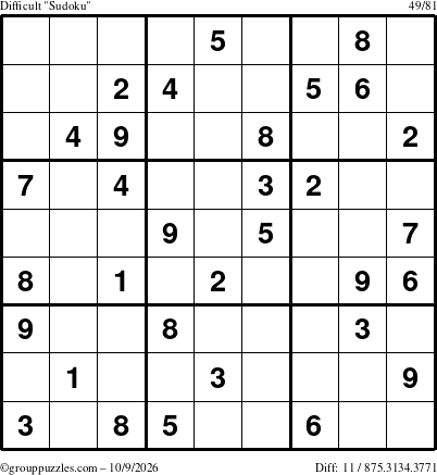 The grouppuzzles.com Difficult Sudoku puzzle for Friday October 9, 2026