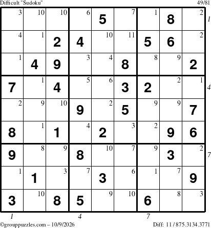 The grouppuzzles.com Difficult Sudoku puzzle for Friday October 9, 2026, suitable for printing, with all 11 steps marked