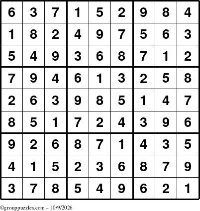 The grouppuzzles.com Answer grid for the Sudoku puzzle for Friday October 9, 2026