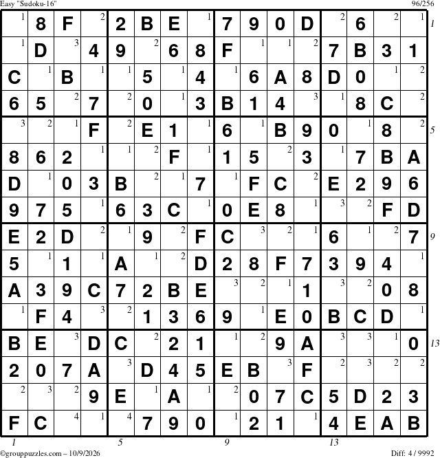The grouppuzzles.com Easy Sudoku-16 puzzle for Friday October 9, 2026, suitable for printing, with all 4 steps marked