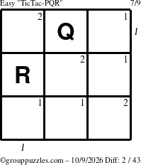 The grouppuzzles.com Easy TicTac-PQR puzzle for Friday October 9, 2026, suitable for printing, with all 2 steps marked