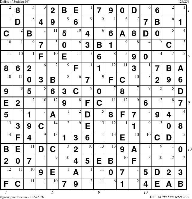The grouppuzzles.com Difficult Sudoku-16 puzzle for Friday October 9, 2026, suitable for printing, with all 14 steps marked
