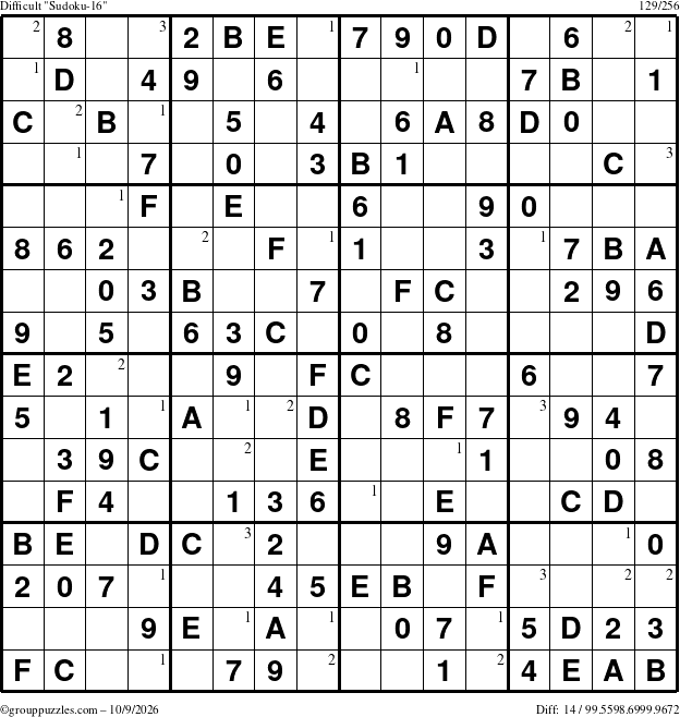 The grouppuzzles.com Difficult Sudoku-16 puzzle for Friday October 9, 2026 with the first 3 steps marked