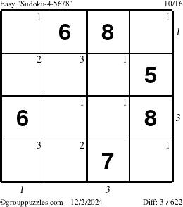 The grouppuzzles.com Easy Sudoku-4-5678 puzzle for Monday December 2, 2024, suitable for printing, with all 3 steps marked